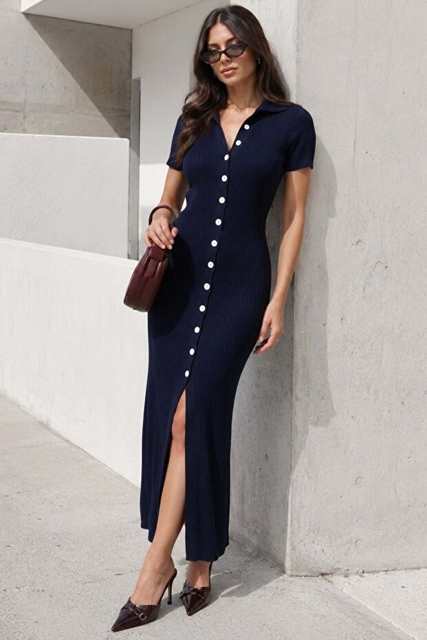 Navy Blue Buttoned V-Neck Long Knitwear Dress Mg2078