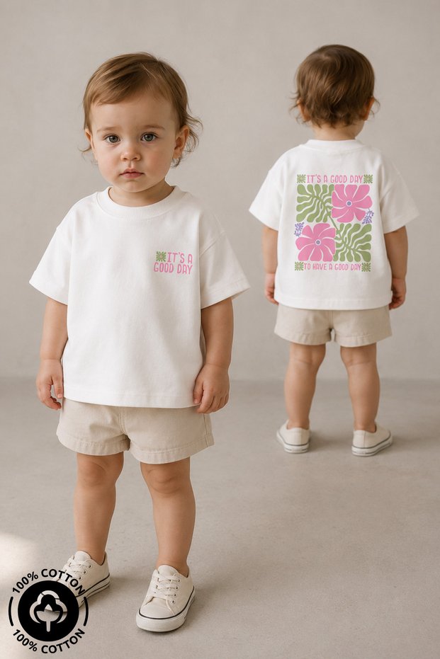 Girls' Crew Neck Flowers Print 100% Cotton Oversize T-shirt for Babies and Kids