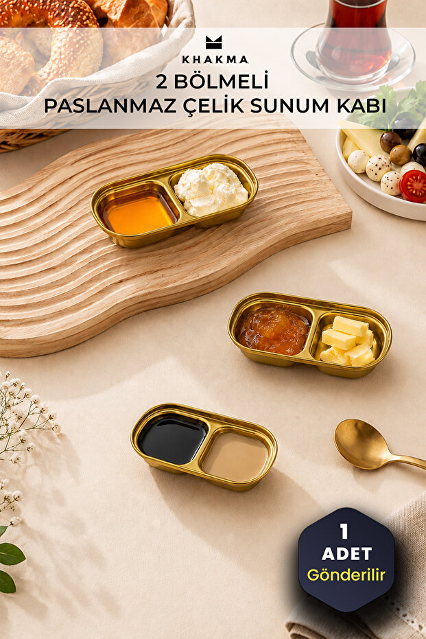 2-Compartment Stainless Steel Presentation Container – Sauce Bowl & Breakfast Snack Bowl | Jam Bowl & Sauce Bowl Serving Plate