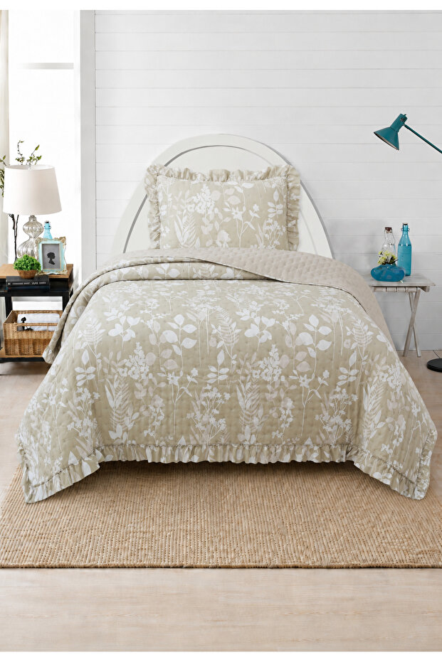 Flowers Single Bedspread Set 180X240Cm - with Flounce Pillows 100% Polyester Modern Beige White