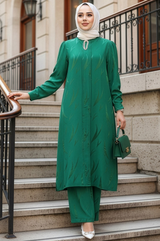 Jacquard Green Hijab Double Set 76672Y