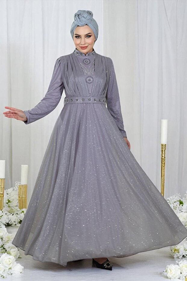 Stone Detailed Glittered Evening Dress with Draped Chest Lilac 19188