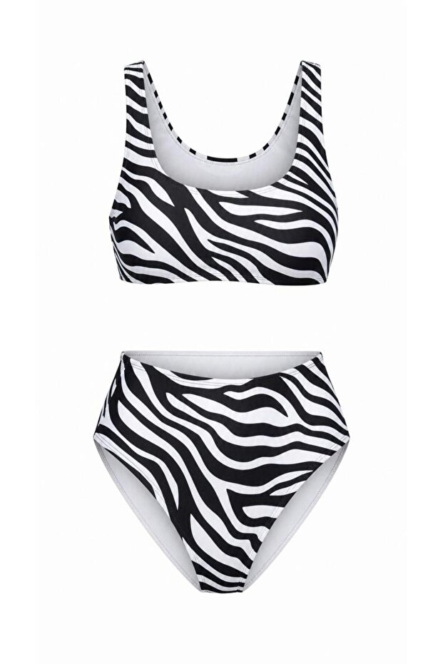 Women's Zebra Patterned Black and White Strap Bikini Set