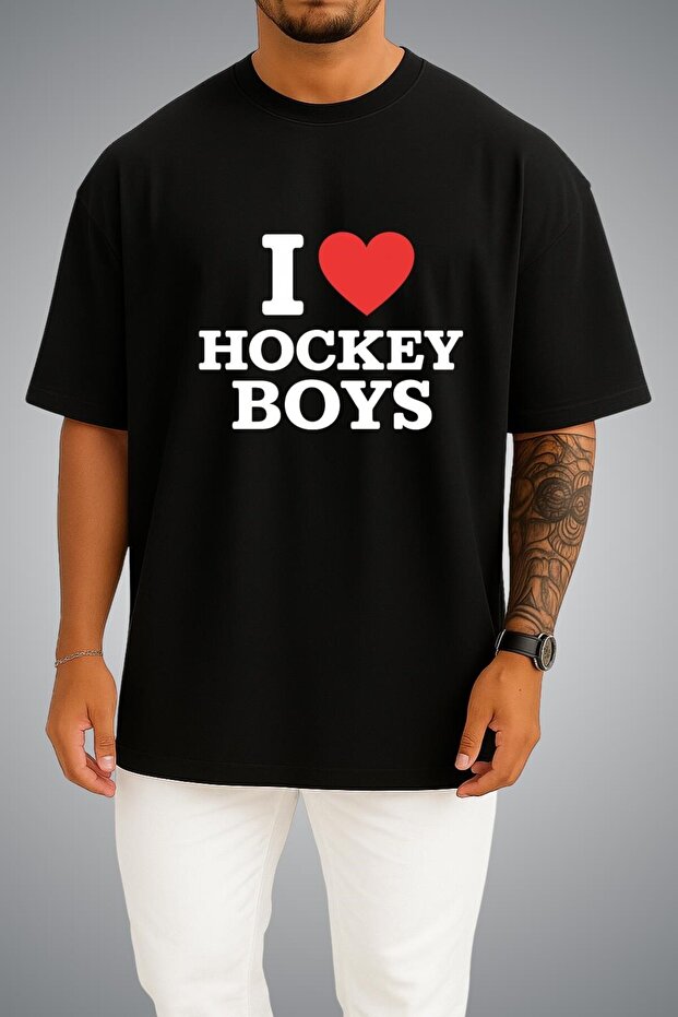 Oversize Off Campus I Love Hockey Boys Chest Printed White Unisex T-Shirt