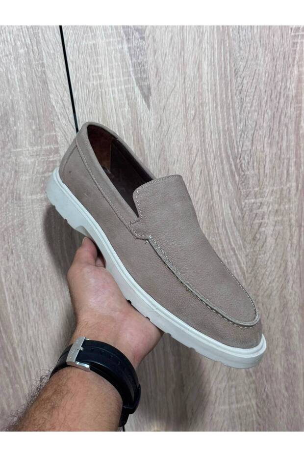 Beige Nubuck Leather Men's Loafer Shoes