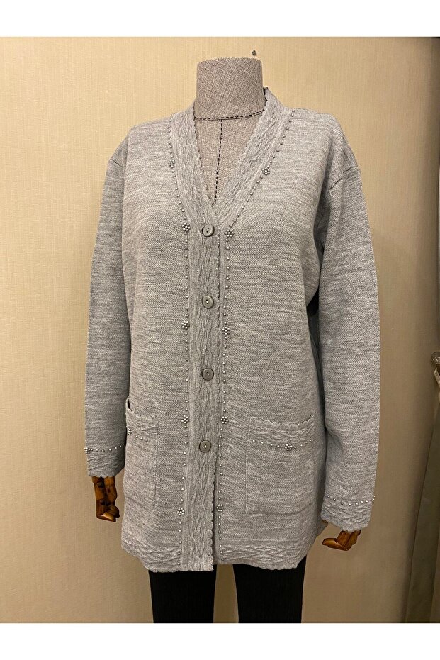 Beaded Knitwear Stylish Patterned Mother's Cardigan with Pearl Detail / Gray
