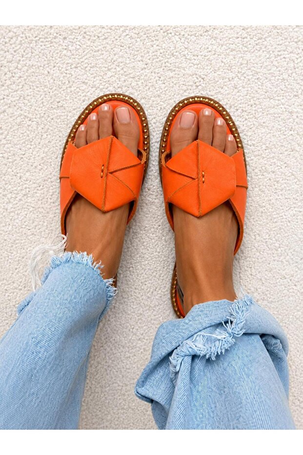 Magy Orange Genuine Leather Women's Slippers
