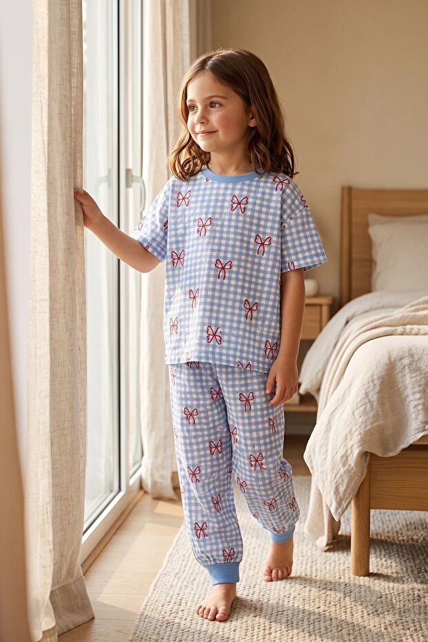 Girl's Gingham Patterned Blue and White Color Bow Short Sleeve 100% Cotton Pajama Set