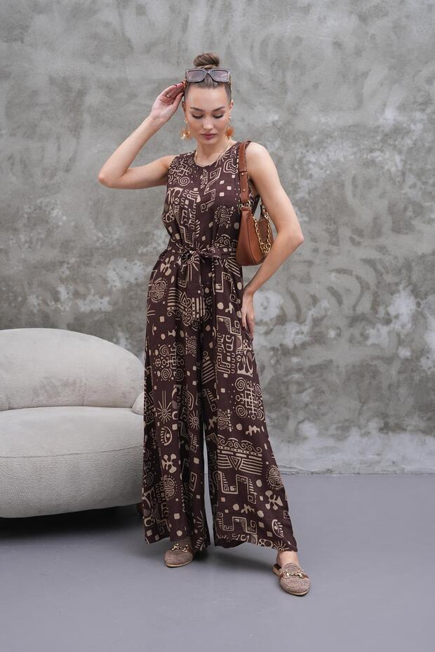 Women's Patterned Sleeveless Belted Jumpsuit 250587 -