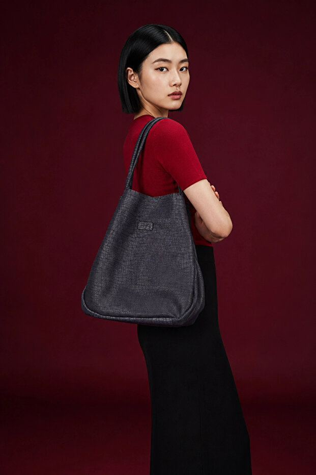 Navy Blue Cracked Leather Women's Shoulder Bag