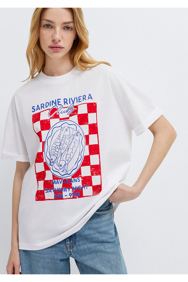 Sardine Printed White T-Shirt Loose Fit / Comfortable Loose Cut 1614152-620