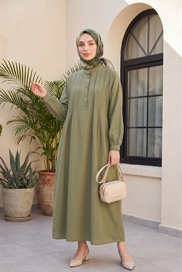 Ribbed Front Half-Buttoned Muslin Dress -Khaki