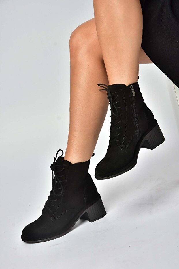 Z555670602 Black Genuine Leather Suede Thick Heeled Women's Boots
