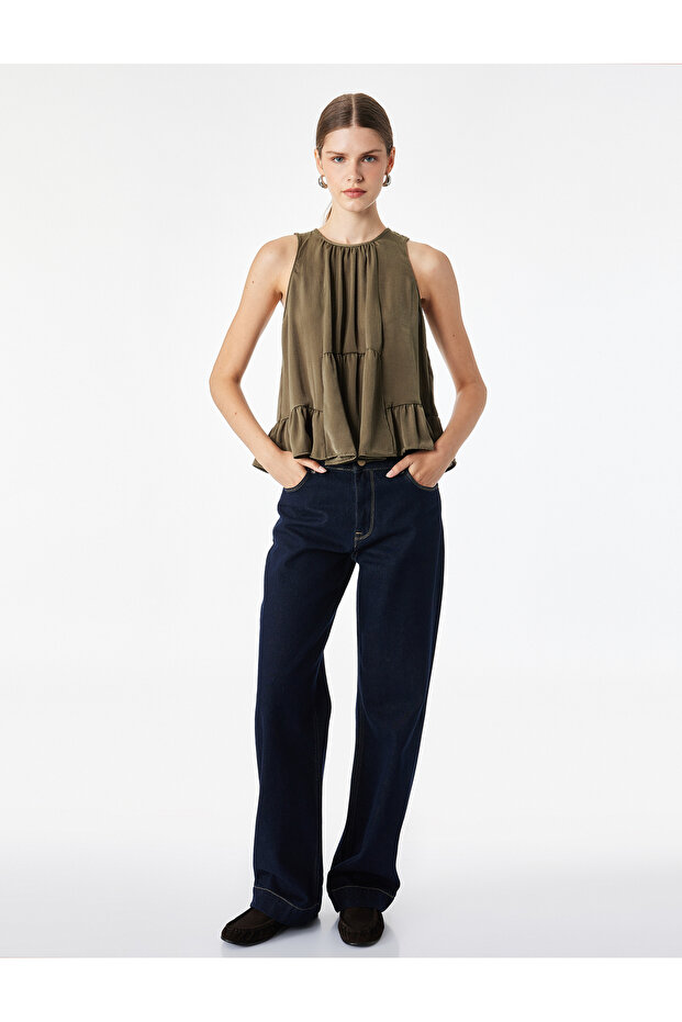 Aerobin Fabric Tie Detail Halter Neck Sleeveless Ruffled Satin Blouse