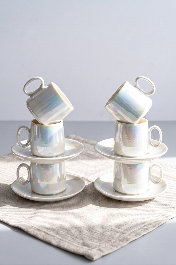 طقم فناجين قهوة من البورسلين اللؤلؤي مكون من 6 أشخاص
