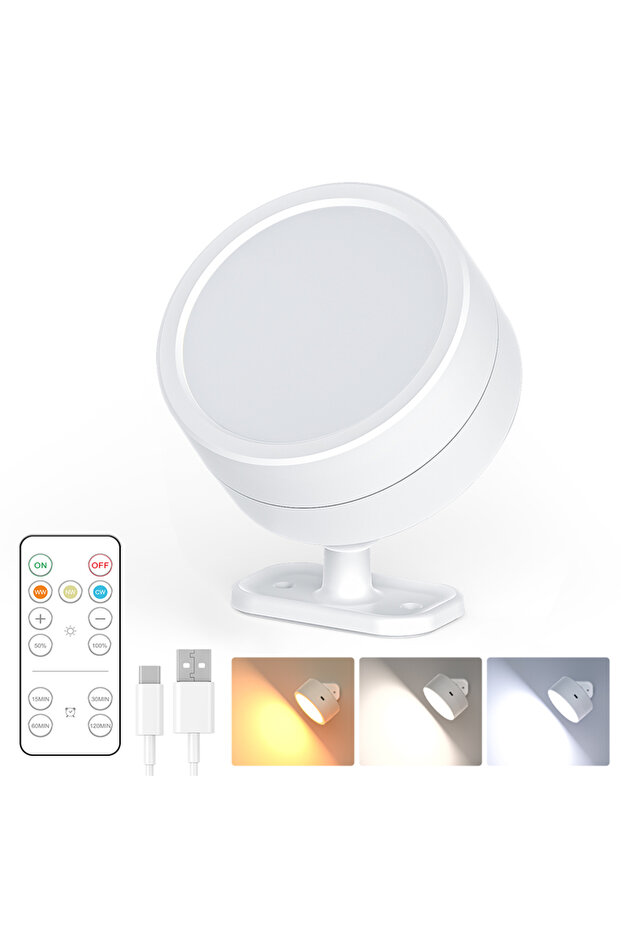 مصباح LED لاسلكي قابل لإعادة الشحن، يُثبت على الحائط، مزود بغطاء أبيض وثلاثة ألوان، مع جهاز تحكم عن بعد، إضاءة ليلية بزاوية 360 درجة.