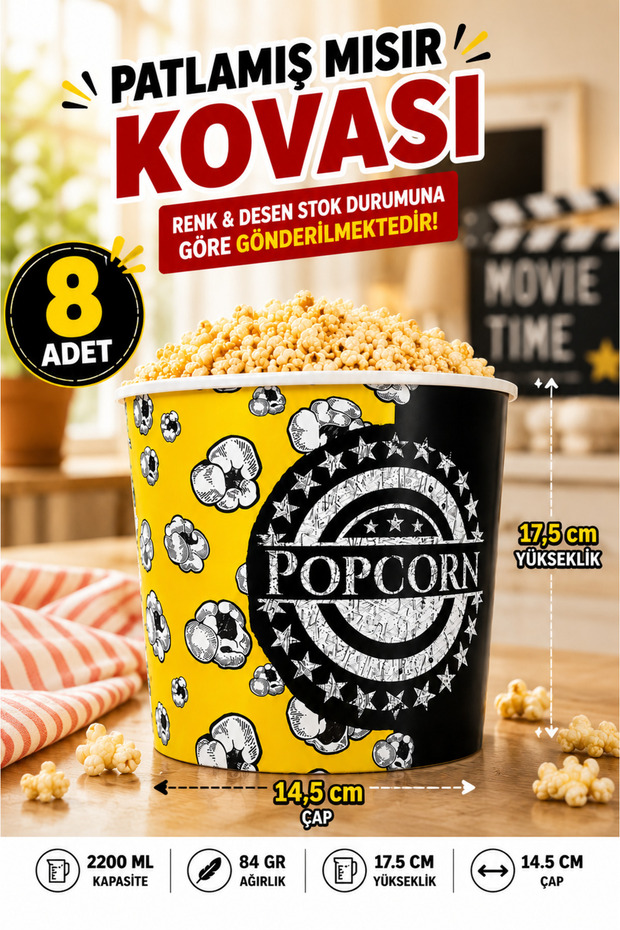 8 Pieces 🍿 2200 ml 🍿 Corn Bucket Chips Bucket Popcorn Bowl Plastic Unbreakable Bucket Popcorn 🍿 Popcorn Bucket 2200 ml Cinema Type Popcorn Bucket 📏 17.5 cm X 14.5 cm