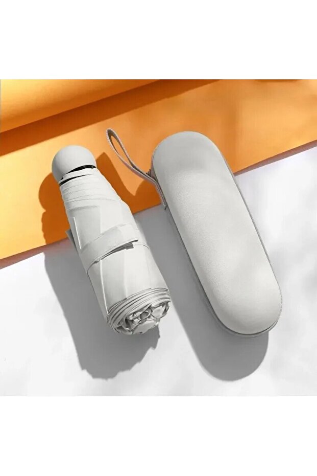 Beige white Capsule Umbrella Portable Mini Sunshade Sunscreen Rain Umbrella Black Alloy Handle Fold