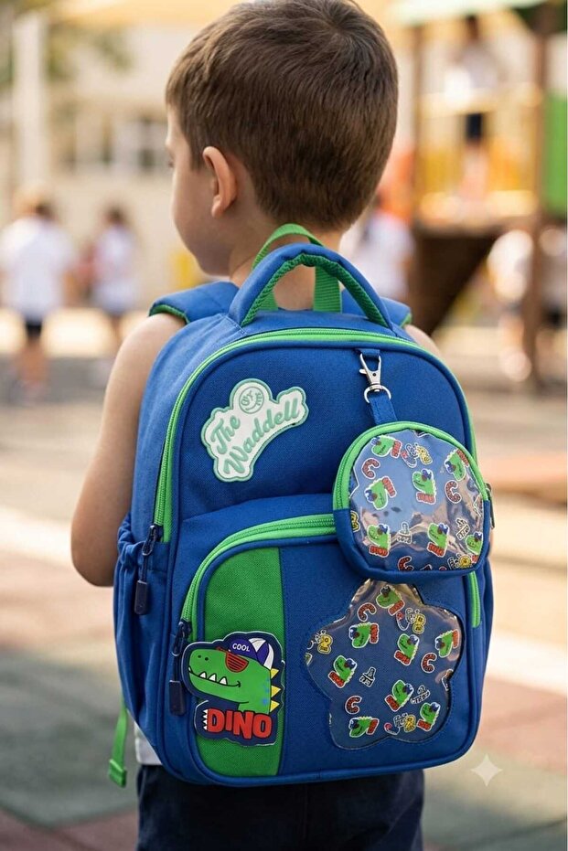 Dinosaur Patterned Boy's Nursery Kindergarten Preschool Bag with Small Wallet Gift
