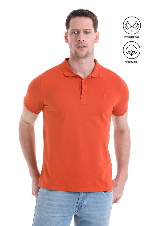 Kiremit Regular Fit 100% Cotton Non-Curling Polo Collar T-Shirt