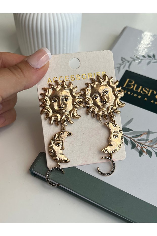 Special Series Sun and Moon Detail Dangle Gold Color Earrings