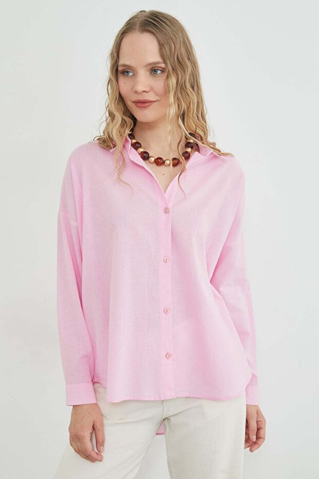 Basic Keten Görünümlü Oversize Gömlek