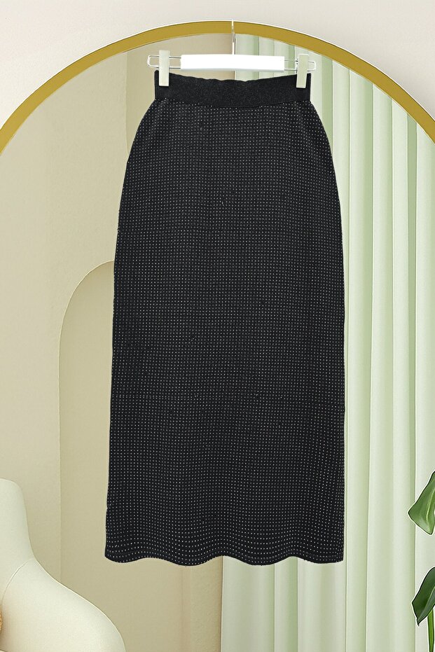 Stoned Elastic Waist Pencil Skirt - Black