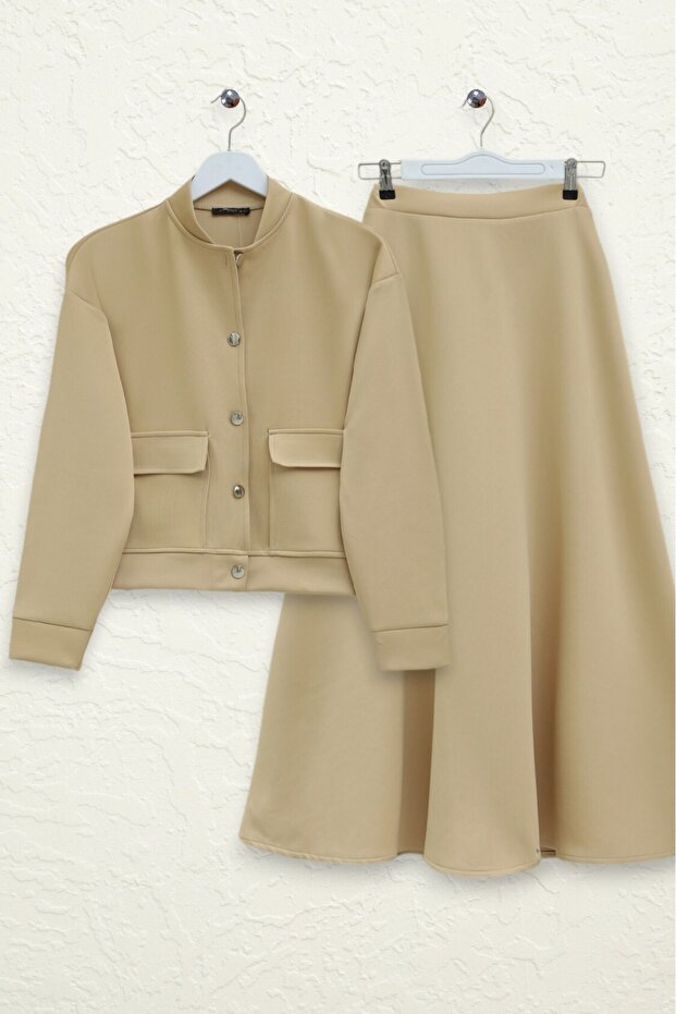 Double-Pocket Metal Button Skirted Set