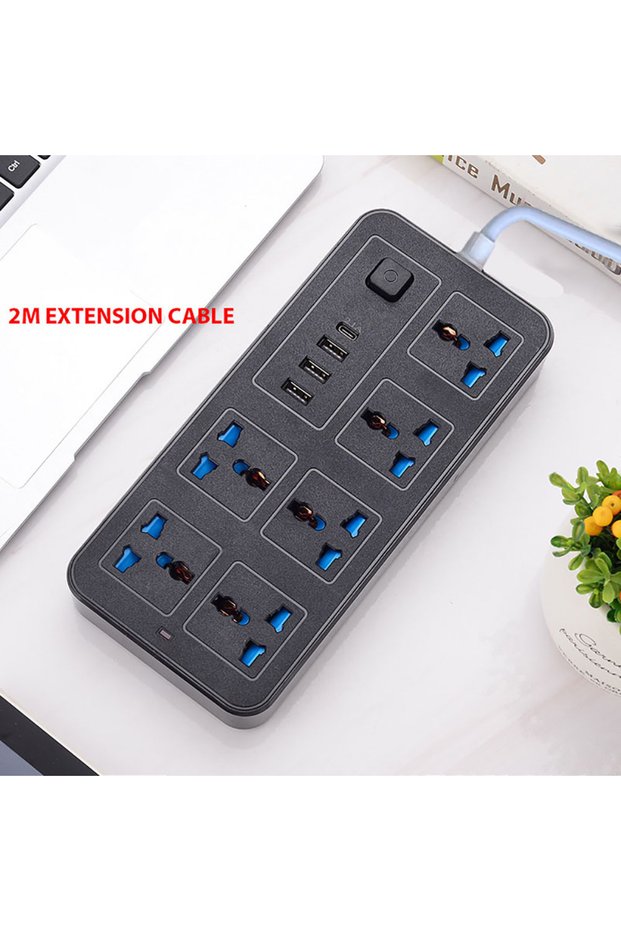 EU Black Power Multi Tap Universal Plug EU US UK Outlet Power Strip with 2m Extension Cord AC Type C