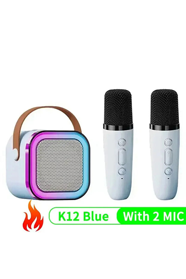 جهاز كاريوكي بلوتوث محمول جديد Blue-2MIC-K12 مزود بميكروفون لاسلكي واحد أو اثنين، عالي الدقة
