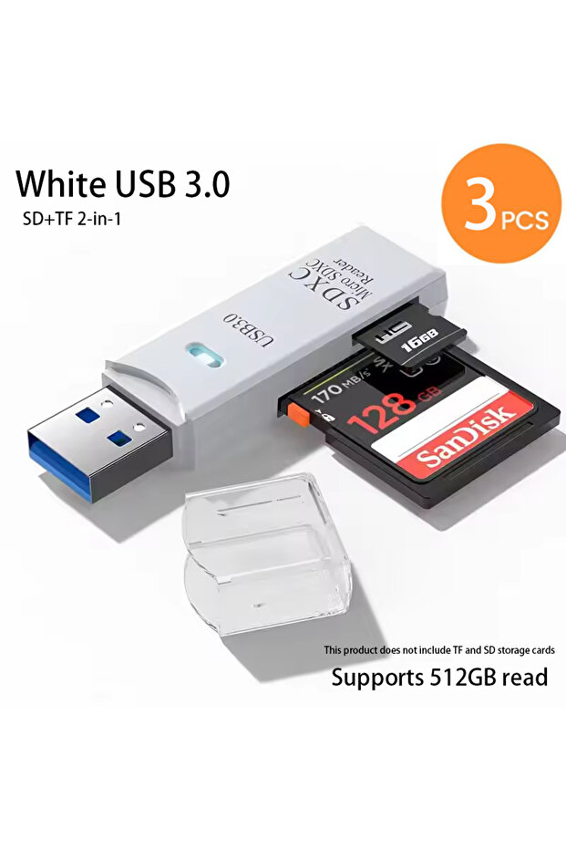 3 قطع قارئ بطاقات USB 3.0 أبيض متعدد الوظائف 2 في 1، قارئ بطاقات ذاكرة MiniSD TF، قارئ بطاقات USB فلاش درايف للسيارة