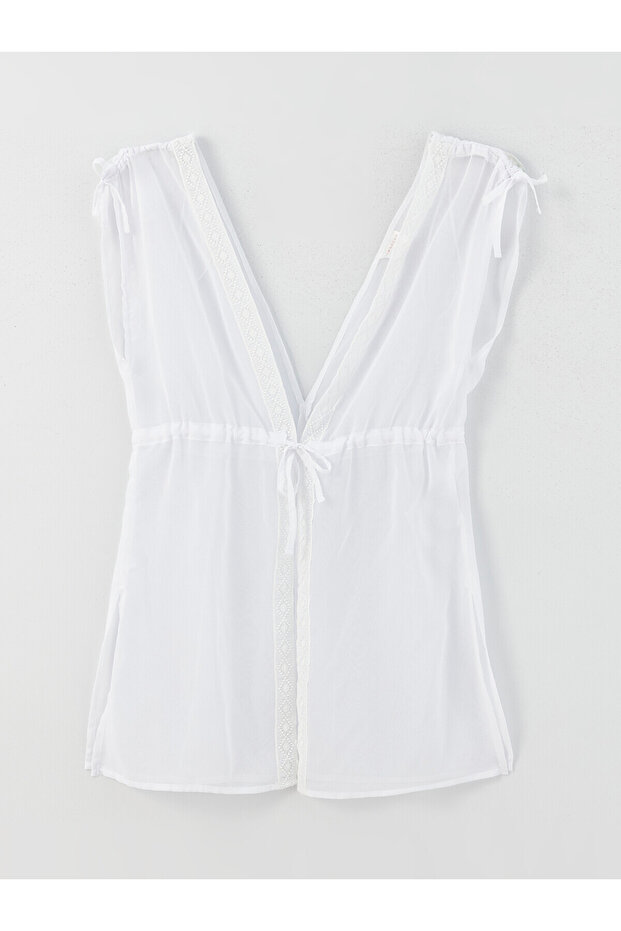 Lcw Dream White V-Neck Embroidered Women's Beach Dress