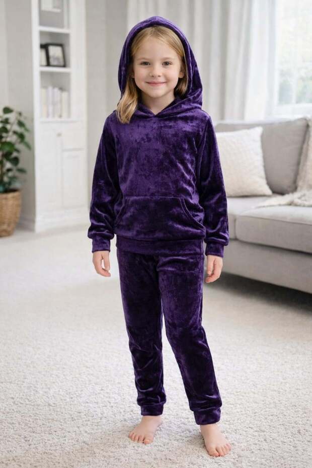 Girl's Velvet Hooded Pajama Set 5-16 Years Purple