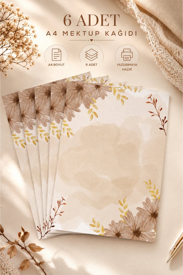 Brown Watercolor Floral Detailed Letter Paper (10 Pieces A4 Size)