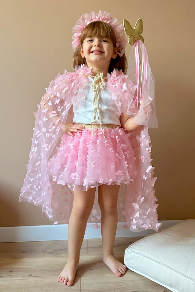 Pink Butterfly Appliqued Girl's Cloak Scepter Crown Set