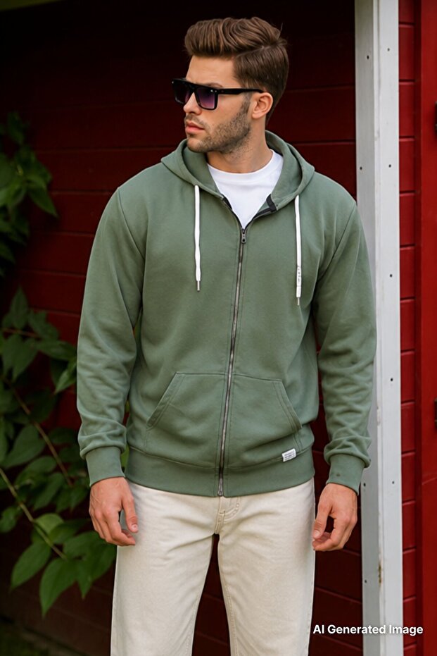 Khaki Green Zippered Hooded Sweatshirt 6161