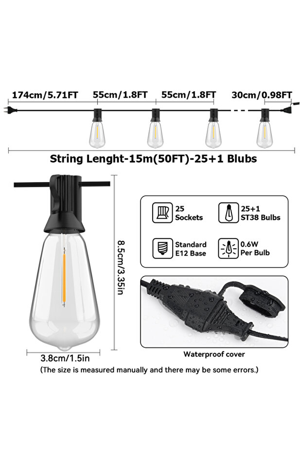 EU Plug 15M 50FT 25LED 20M 30M ST38 Garland Light String Shatterproof LED Bulbs Outdoor IP44 Patio G