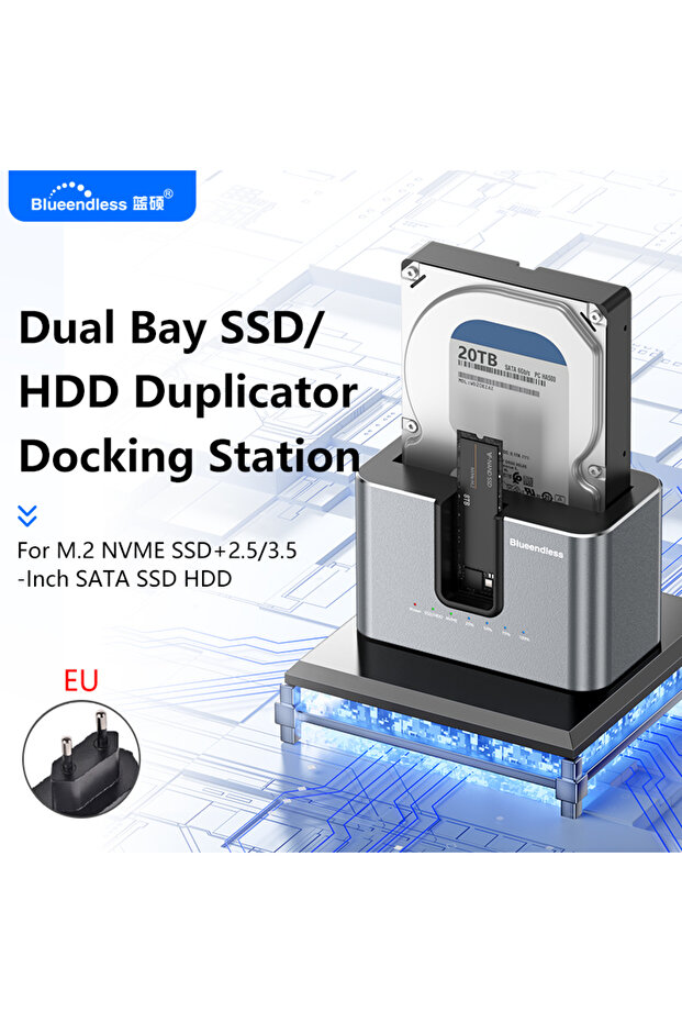 محول HD01N بقابس أوروبي من Blueendless مع وظيفة النسخ دون اتصال، يحول M.2 NVME إلى SATA 2.5 و3.5 بوصة لنسخ أقراص SSD وHDD