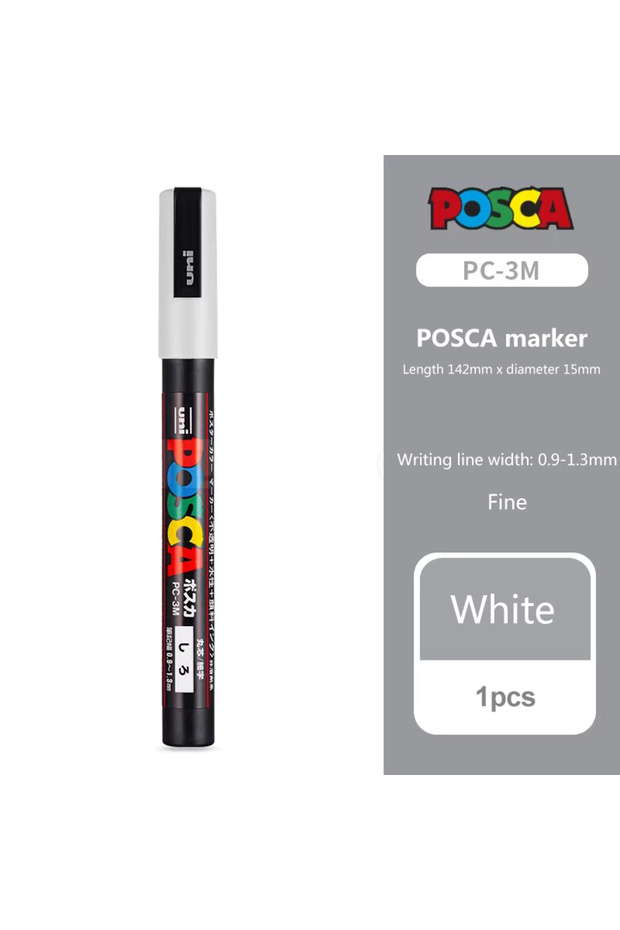 قلم ماركر ياباني UNI POSCA PC-3M أبيض اللون، للرسم اليدوي والأعمال الفنية، مقاوم للماء، لا يتلاشى، سريع الجفاف