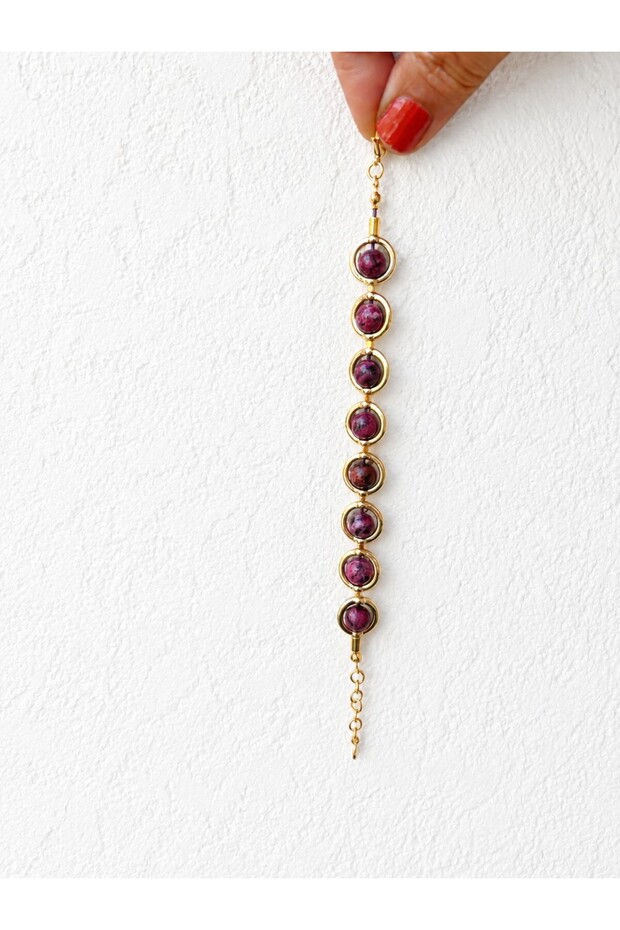 Burgundy Rhodonite Natural Stone and Gold Ring Apparatus Women's Bracelet