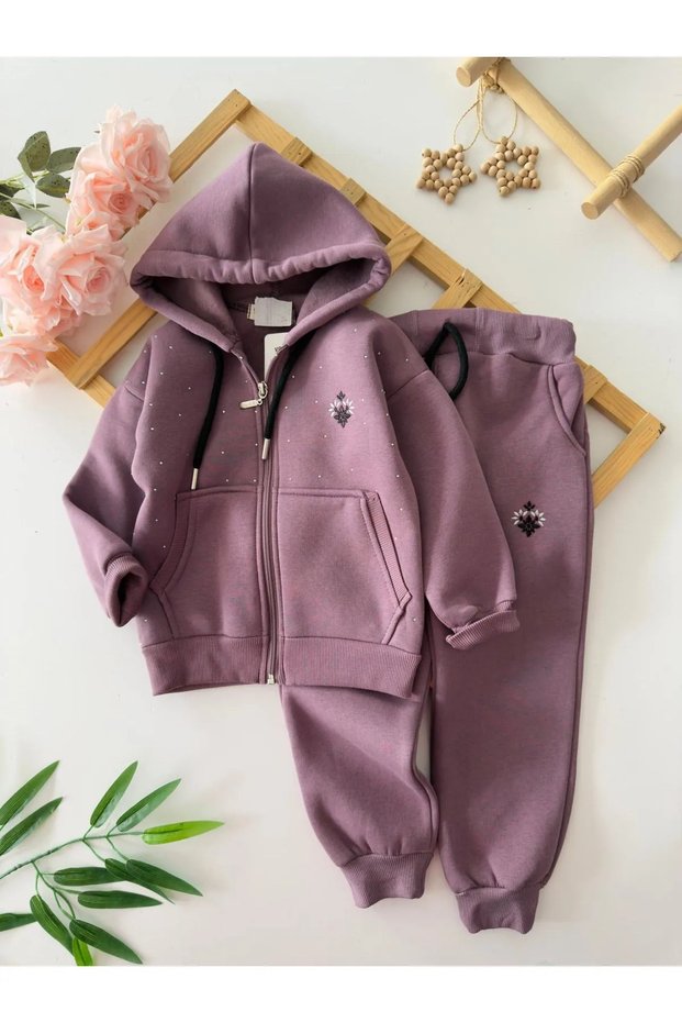My Little One's Cicileri Hooded Floral Embroidered Stone Detailed Girl's Suit - Purple