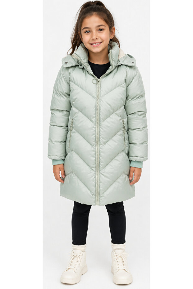 Girl's Mint Green Hooded V Patterned Plush Lined Zipper Pocket Quilted Midi Length Puffer Coat