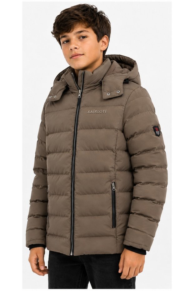 Boy/Girl's Brown Color Coat with Detachable Hood, Plush Lining Inside, and Zipper Pockets