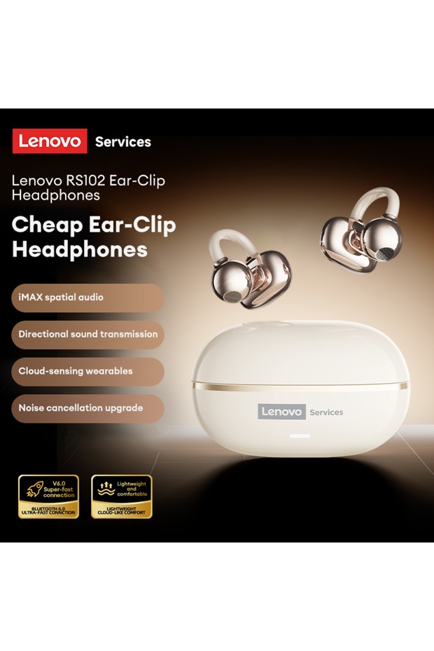 Lenovo Beige NEW Lenovo RS102 Open Ear Wireless Earphones Bluetooth 6.0 Clip On OWS Sports Headphone
