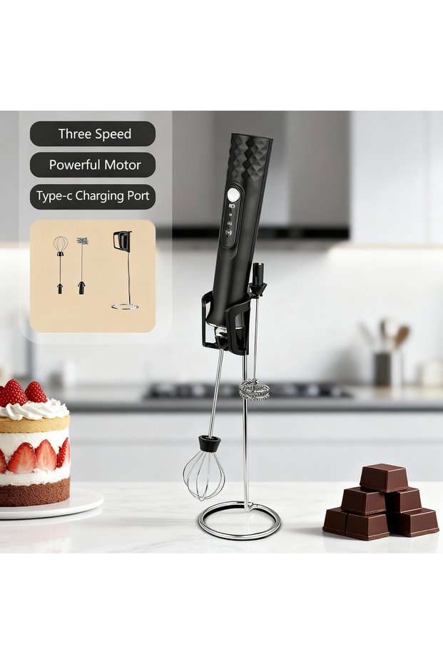 Black 2 Whisk Milk Frother Wand Coffee Frother Handheld Foam Maker For Latte Rechargeable Electric M