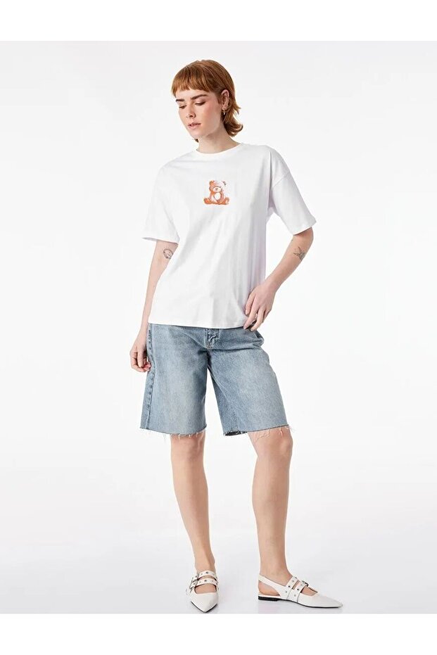 Comfortable Fit Short Sleeve Crew Neck Cotton Teddy Bear T-Shirt with Printed Back