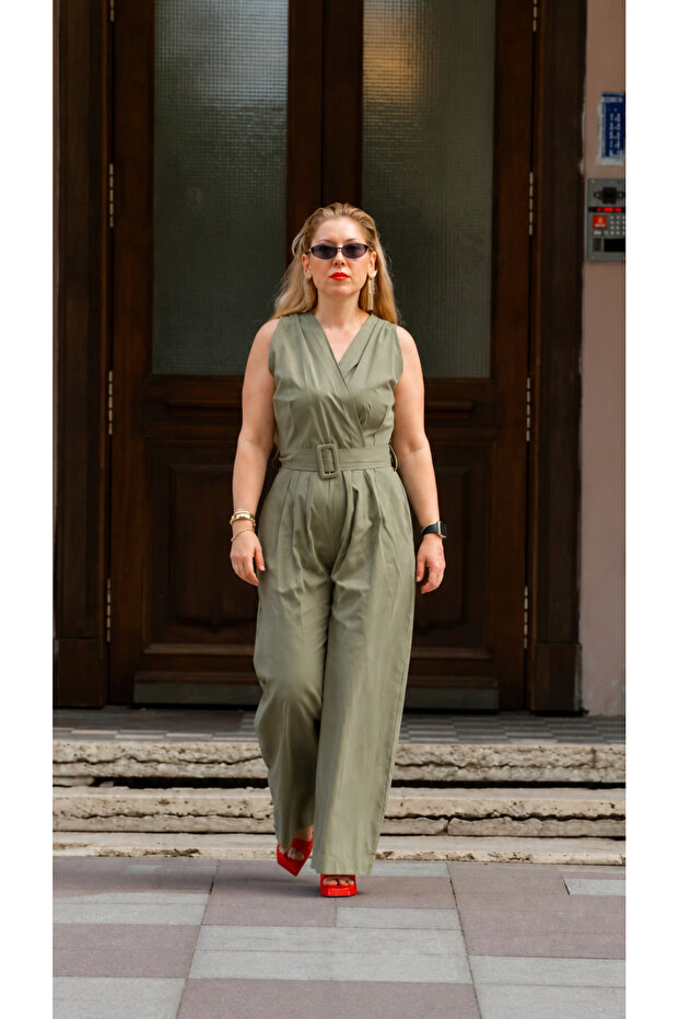 Buckle Detail Double Breasted Collar Women's Jumpsuit
