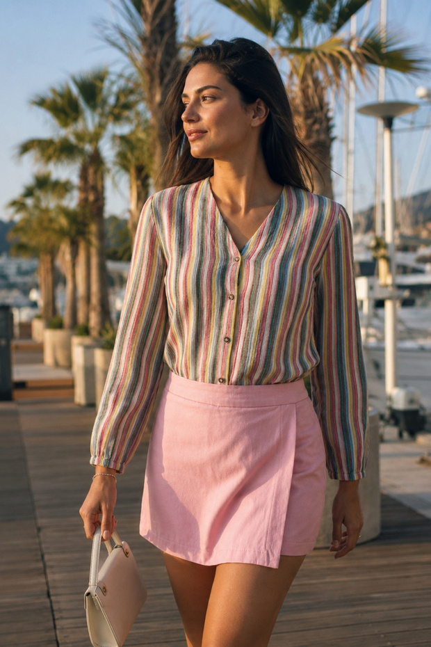 Women's Pink Sleeve Elastic Wrap Shirt ARM-24K001002
