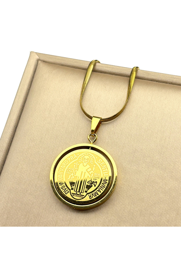 GD Rotatable Catholic Saint Benedict Medal Necklace for Women Men Stainless Steel Gold Color Chain N