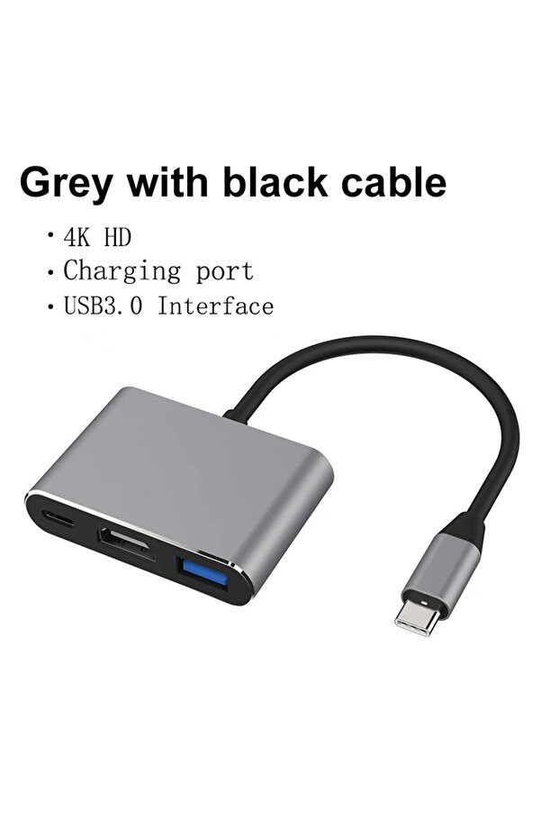 كابل رمادي وأسود، محول 3 في 1 من USB-C إلى HDMI متوافق مع iPad وMac NS USB 3.1 T